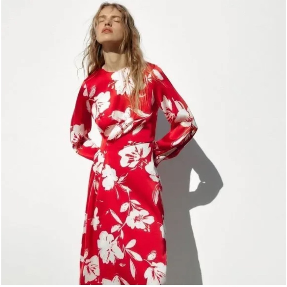 NWT Zara Red Satin Floral Dress
